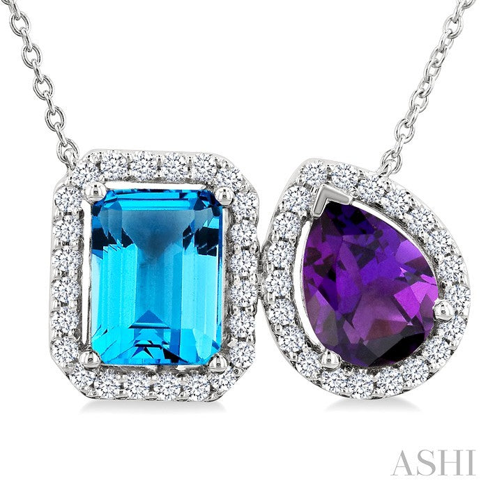 8X6 MM Emerald Cut Blue Topaz and Pear Cut Amethyst and 1/3 Ctw Toi Et Moi Round Cut Diamond Semi-Precious Fashion Pendant With Chain 14K White Gold