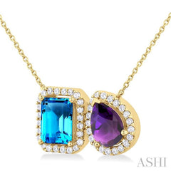8X6 MM Emerald Cut Blue Topaz and Pear Cut Amethyst and 1/3 Ctw Toi Et Moi Round Cut Diamond Semi-Precious Fashion Pendant With Chain 14K Yellow Gold