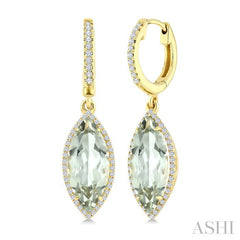 16X7 MM Marquise Shape Green Amethyst and 3/8 Ctw Round Cut Diamond Semi-Precious Earrings in 14K Yellow Gold