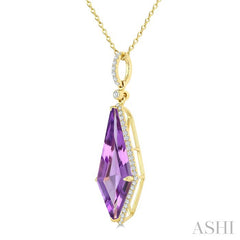 22X9 MM Kite Shape Amethyst and 1/4 Ctw Round Cut Diamond Semi-Precious Pendant With Chain in 14K Yellow Gold