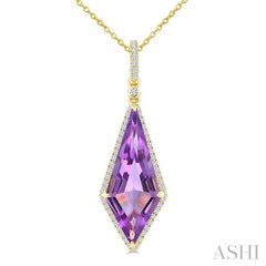 22X9 MM Kite Shape Amethyst and 1/4 Ctw Round Cut Diamond Semi-Precious Pendant With Chain in 14K Yellow Gold