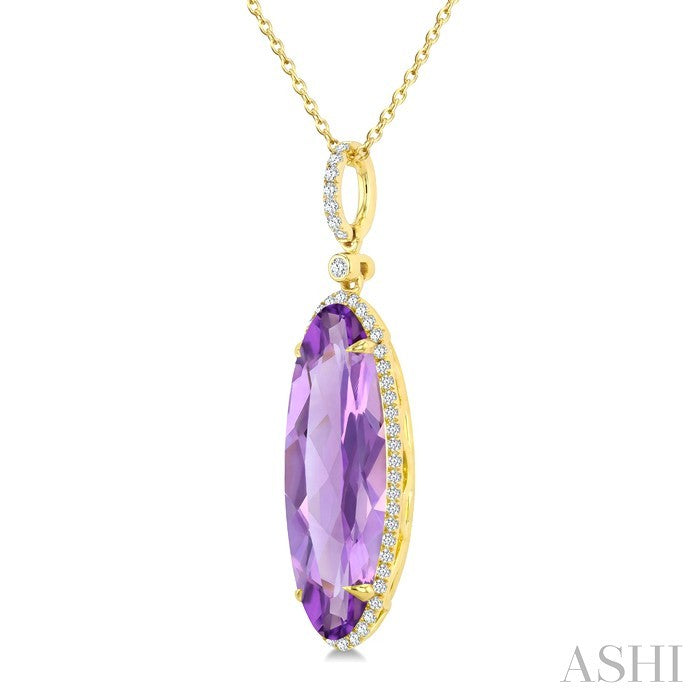 22X8 MM Oval Shape Amethyst and 1/4 Ctw Round Cut Diamond Semi-Precious Pendant With Chain in 14K Yellow Gold