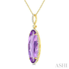 22X8 MM Oval Shape Amethyst and 1/4 Ctw Round Cut Diamond Semi-Precious Pendant With Chain in 14K Yellow Gold