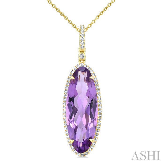 22X8 MM Oval Shape Amethyst and 1/4 Ctw Round Cut Diamond Semi-Precious Pendant With Chain in 14K Yellow Gold