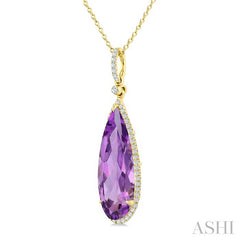 22X8 MM Pear Shape Amethyst and 1/4 Ctw Round Cut Diamond Semi-Precious Pendant With Chain in 14K Yellow Gold