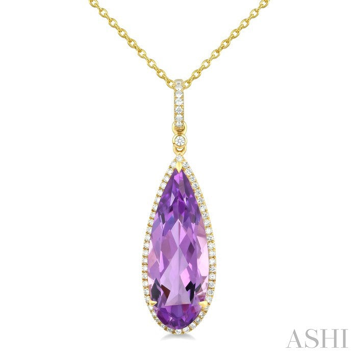 22X8 MM Pear Shape Amethyst and 1/4 Ctw Round Cut Diamond Semi-Precious Pendant With Chain in 14K Yellow Gold