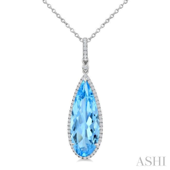 22X8 MM Pear Shape Blue Topaz and 1/4 Ctw Round Cut Diamond Semi-Precious Pendant With Chain in 14K White Gold
