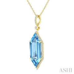 22X8 MM Hexagon Shape Blue Topaz and 1/4 Ctw Round Cut Diamond Semi-Precious Pendant With Chain in 14K Yellow Gold
