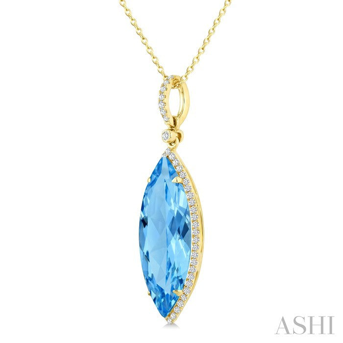 22X8 MM Marquise Shape Blue Topaz and 1/4 Ctw Round Cut Diamond Semi-Precious Pendant With Chain in 14K Yellow Gold