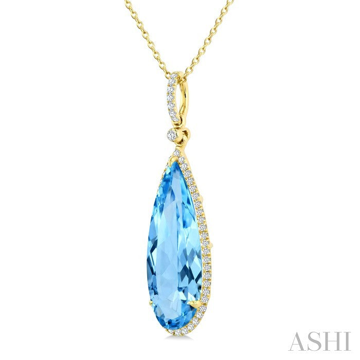 22X8 MM Pear Shape Blue Topaz and 1/4 Ctw Round Cut Diamond Semi-Precious Pendant With Chain in 14K Yellow Gold