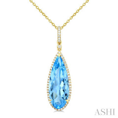 22X8 MM Pear Shape Blue Topaz and 1/4 Ctw Round Cut Diamond Semi-Precious Pendant With Chain in 14K Yellow Gold