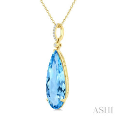 22X8 MM Pear Shape Blue Topaz and 1/20 Ctw Round Cut Diamond Semi-Precious Pendant With Chain in 14K Yellow Gold