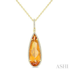 26x9 MM Pear Cut Citrine and 1/4 Ctw Round Cut Diamond Halo Semi-Precious Pendant With Chain in 14K Yellow Gold