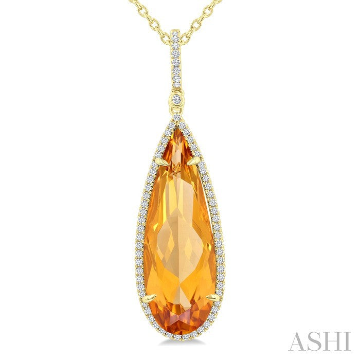 26x9 MM Pear Cut Citrine and 1/4 Ctw Round Cut Diamond Halo Semi-Precious Pendant With Chain in 14K Yellow Gold