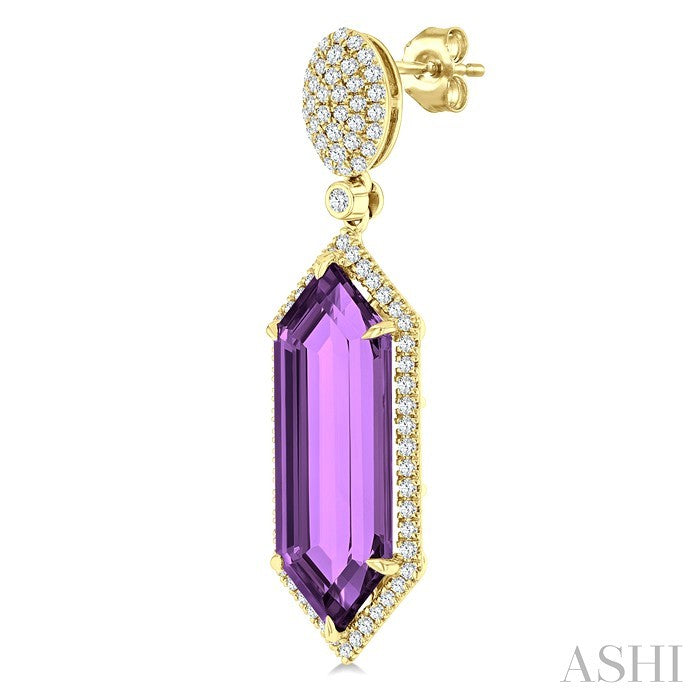 22x8 MM Hexagon Shape Amethyst and 7/8 Ctw Round Cut Diamond Halo Semi-Precious Earrings in 14K Yellow Gold