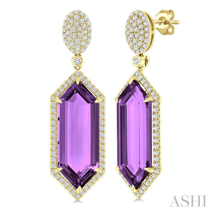 22x8 MM Hexagon Shape Amethyst and 7/8 Ctw Round Cut Diamond Halo Semi-Precious Earrings in 14K Yellow Gold