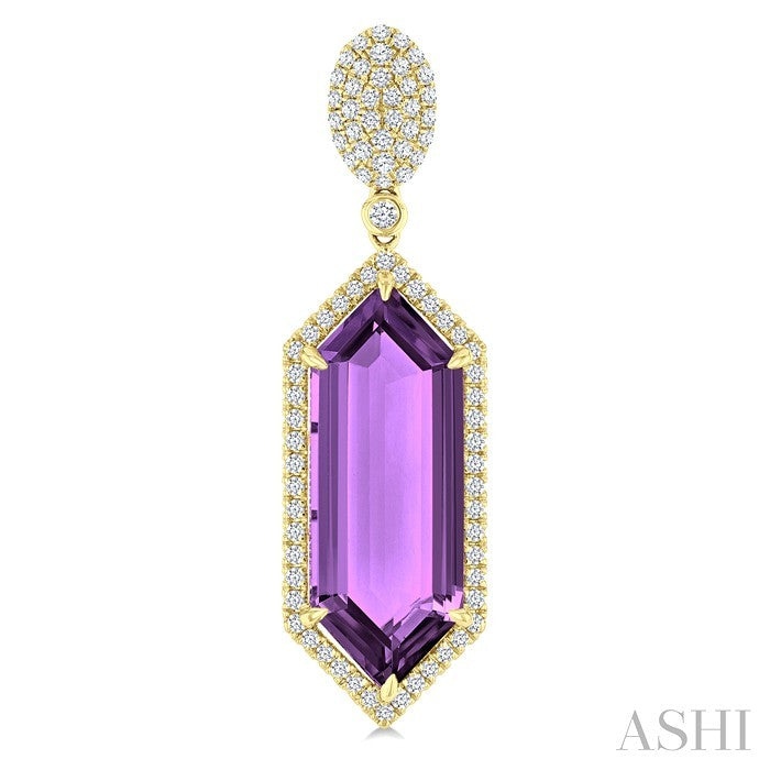 22x8 MM Hexagon Shape Amethyst and 7/8 Ctw Round Cut Diamond Halo Semi-Precious Earrings in 14K Yellow Gold