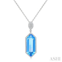 26x10 MM Hexagon Shape Blue topaz and 1/2 Ctw Round Cut Diamond Halo Semi-Precious Pendant With Chain in 14K White Gold
