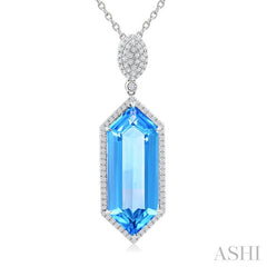 26x10 MM Hexagon Shape Blue topaz and 1/2 Ctw Round Cut Diamond Halo Semi-Precious Pendant With Chain in 14K White Gold