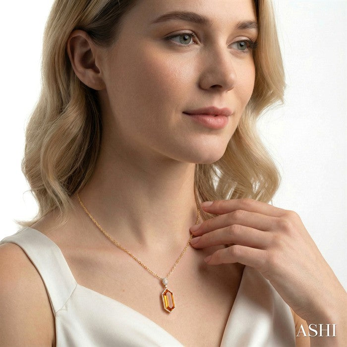 26x10 MM Hexagon Shape Citrine and 1/2 Ctw Round Cut Diamond Halo Semi-Precious Pendant With Chain in 14K Yellow Gold