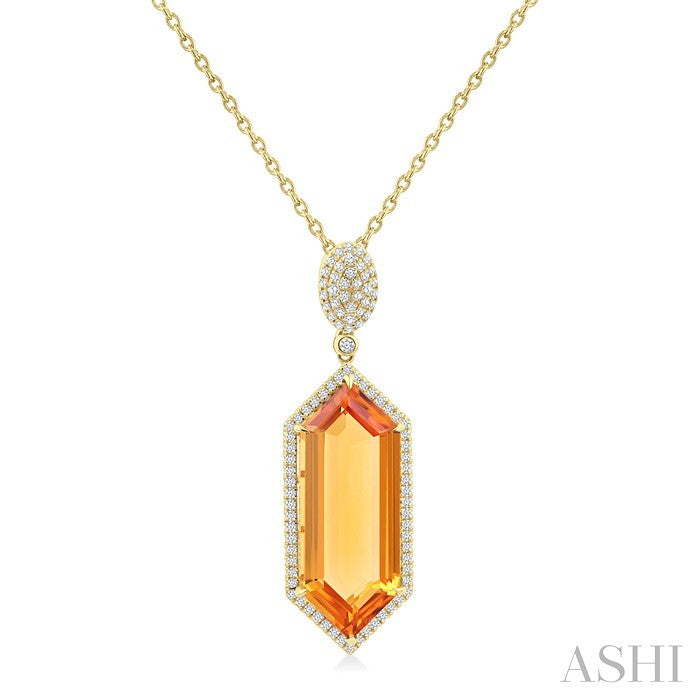 26x10 MM Hexagon Shape Citrine and 1/2 Ctw Round Cut Diamond Halo Semi-Precious Pendant With Chain in 14K Yellow Gold