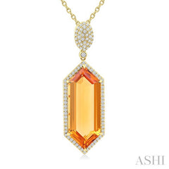 26x10 MM Hexagon Shape Citrine and 1/2 Ctw Round Cut Diamond Halo Semi-Precious Pendant With Chain in 14K Yellow Gold