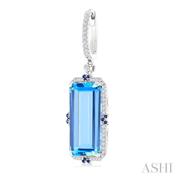 17x9 MM Emerald Cut Blue Topaz and .80 MM Sapphire & 1/3 Ctw Round Cut Diamond Halo Precious & Semi-Precious Earrings in 14K White Gold