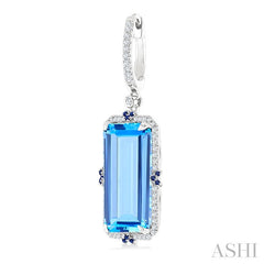 17x9 MM Emerald Cut Blue Topaz and .80 MM Sapphire & 1/3 Ctw Round Cut Diamond Halo Precious & Semi-Precious Earrings in 14K White Gold