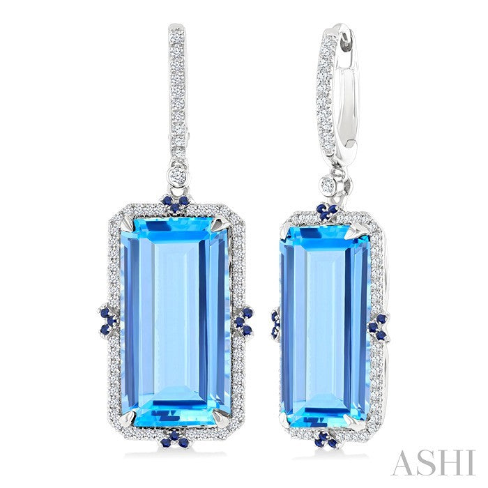 17x9 MM Emerald Cut Blue Topaz and .80 MM Sapphire & 1/3 Ctw Round Cut Diamond Halo Precious & Semi-Precious Earrings in 14K White Gold