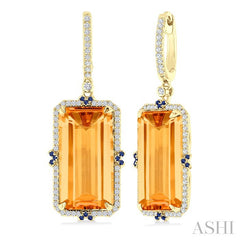17x9 MM Emerald Cut Citrine and .80 MM Sapphire & 1/3 Ctw Round Cut Diamond Halo Precious & Semi-Precious Earrings in 14K Yellow Gold