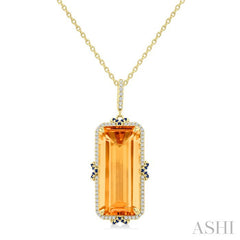 22x10 MM Emerald Cut Citrine and .80 MM Sapphire & 1/5 Ctw Round Cut Diamond Halo Precious & Semi-Precious Pendant With Chain in 14K Yellow Gold