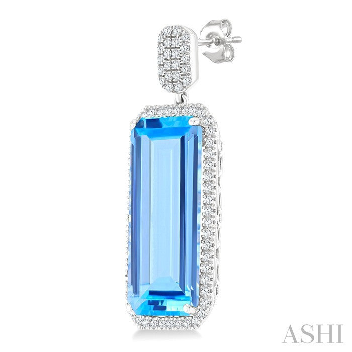 22x10 MM Emerald Cut Blue Topaz and 7/8 Ctw Round Cut Diamond Halo Semi-Precious Earrings in 14K White Gold