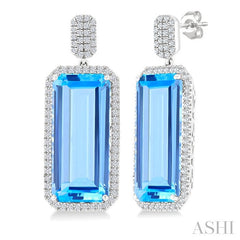 22x10 MM Emerald Cut Blue Topaz and 7/8 Ctw Round Cut Diamond Halo Semi-Precious Earrings in 14K White Gold