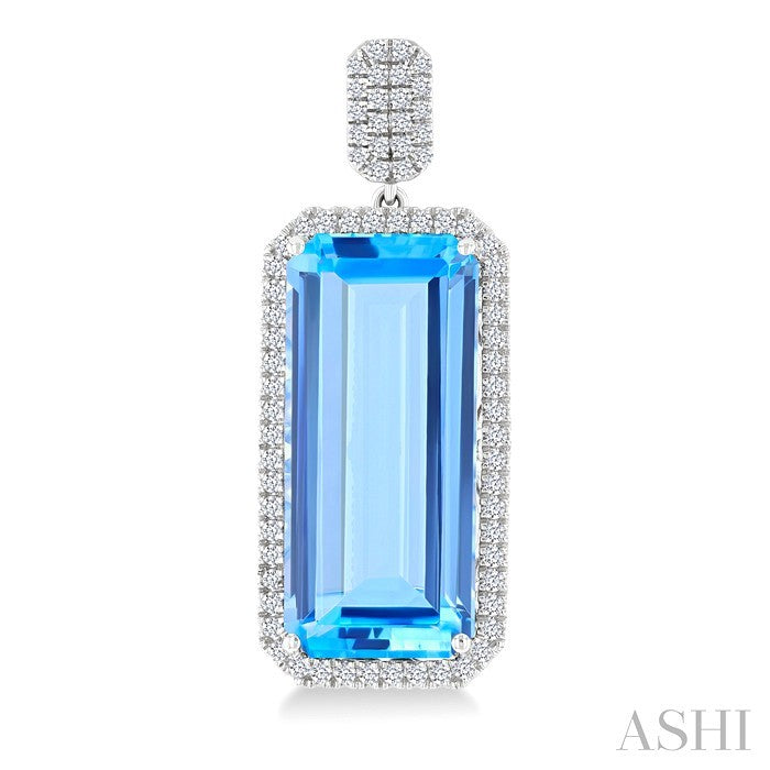 22x10 MM Emerald Cut Blue Topaz and 7/8 Ctw Round Cut Diamond Halo Semi-Precious Earrings in 14K White Gold