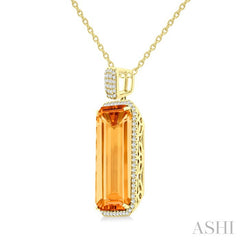 26X12 MM Emerald Cut Citrine and 1/2 Ctw Round Cut Diamond Halo Semi-Precious Pendant With Chain in 14K Yellow Gold