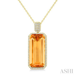 26X12 MM Emerald Cut Citrine and 1/2 Ctw Round Cut Diamond Halo Semi-Precious Pendant With Chain in 14K Yellow Gold