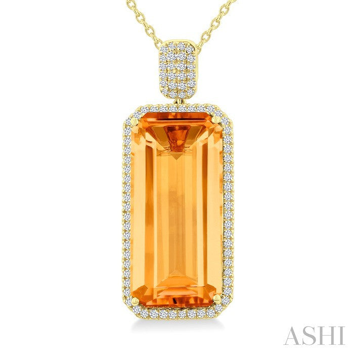 26X12 MM Emerald Cut Citrine and 1/2 Ctw Round Cut Diamond Halo Semi-Precious Pendant With Chain in 14K Yellow Gold