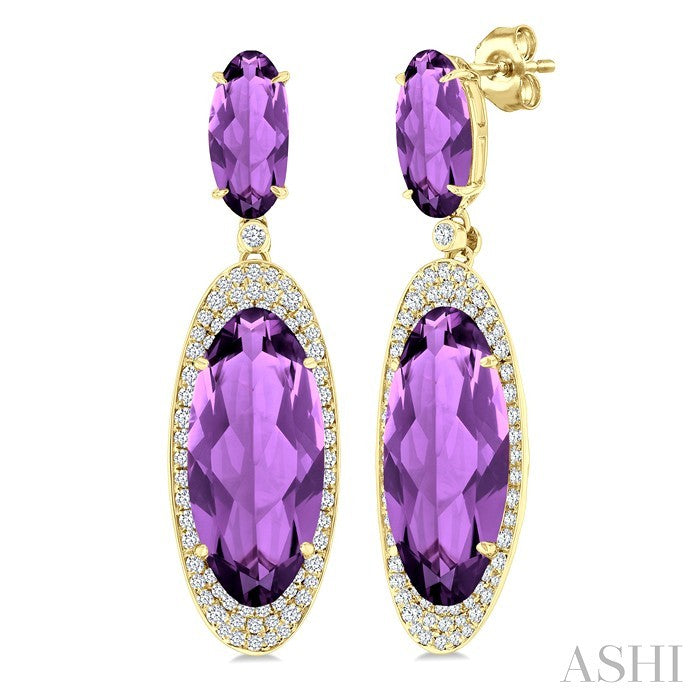 18x8 MM & 10x5 MM Oval Cut Amethyst and 3/4 Ctw Round Cut Diamond Halo Semi-Precious Earrings in 14K Yellow Gold