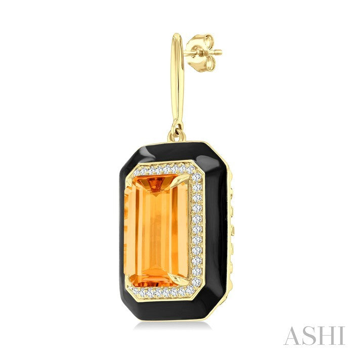 12x8 MM Emerald Cut Citrine and 1/3 Ctw Round Cut Diamond Halo & Black Enamel Border Semi-Precious Earrings in 14K Yellow Gold