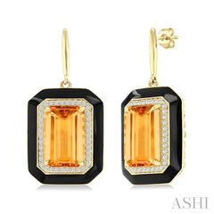 12x8 MM Emerald Cut Citrine and 1/3 Ctw Round Cut Diamond Halo & Black Enamel Border Semi-Precious Earrings in 14K Yellow Gold