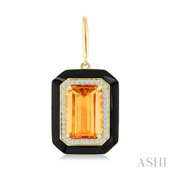 12x8 MM Emerald Cut Citrine and 1/3 Ctw Round Cut Diamond Halo & Black Enamel Border Semi-Precious Earrings in 14K Yellow Gold