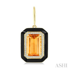 12x8 MM Emerald Cut Citrine and 1/3 Ctw Round Cut Diamond Halo & Black Enamel Border Semi-Precious Earrings in 14K Yellow Gold