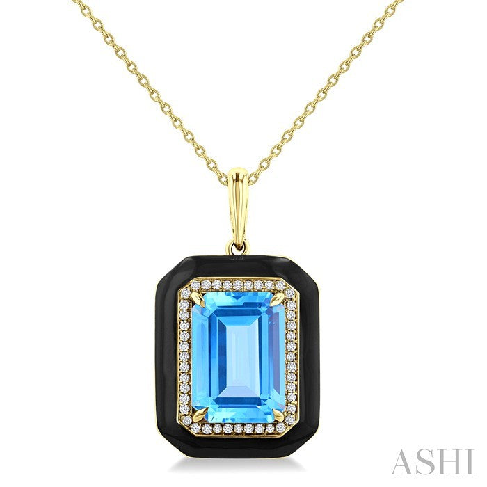 14x10 MM Emerald Cut Blue Topaz and 1/5 Ctw Round Cut Diamond Halo & Black Enamel Border Semi-Precious Pendant With Chain in 14K Yellow Gold