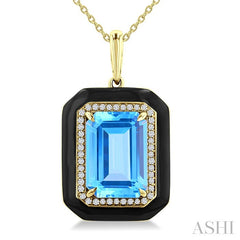 14x10 MM Emerald Cut Blue Topaz and 1/5 Ctw Round Cut Diamond Halo & Black Enamel Border Semi-Precious Pendant With Chain in 14K Yellow Gold