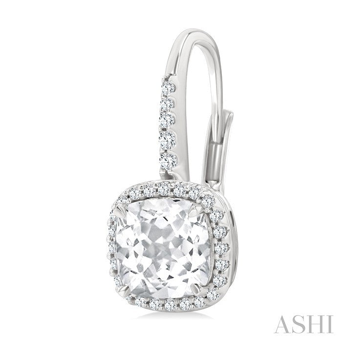 7X7 MM Cushion Cut White Topaz and 1/4 Ctw Round Cut Diamond Halo Semi-Precious Earring in 14K White Gold