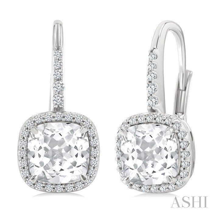 7X7 MM Cushion Cut White Topaz and 1/4 Ctw Round Cut Diamond Halo Semi-Precious Earring in 14K White Gold