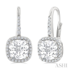 7X7 MM Cushion Cut White Topaz and 1/4 Ctw Round Cut Diamond Halo Semi-Precious Earring in 14K White Gold