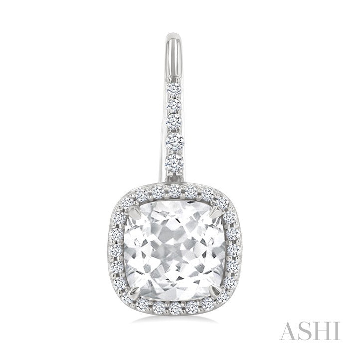 7X7 MM Cushion Cut White Topaz and 1/4 Ctw Round Cut Diamond Halo Semi-Precious Earring in 14K White Gold