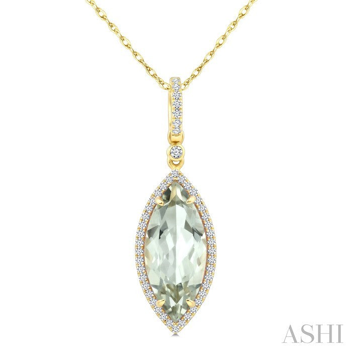 16X7 MM Marquise Shape Green Amethyst and 1/5 Ctw Round Cut Diamond Semi-Precious Pendant With Chain in 10K Yellow Gold