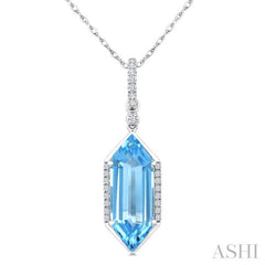 16X6 MM Hexagon Shape Blue Topaz and 1/10 Ctw Round Cut Diamond Semi-Precious Pendant With Chain in 10K White Gold